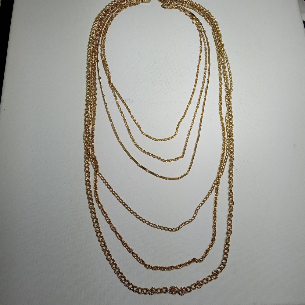 VTG multi-6 chain gold-tone waterfall necklace open work slide clasp 10″-18″drop