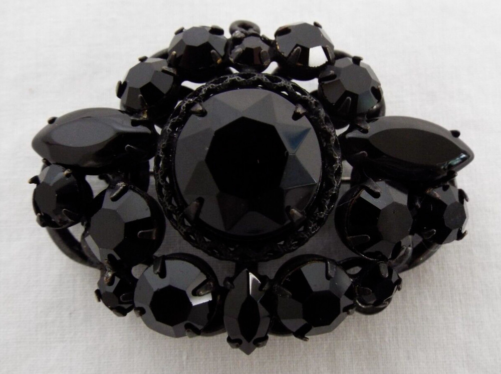 Vintage REGENCY Japanned Jet Black Rhinestone Pin Pendant Brooch Signed Mourning