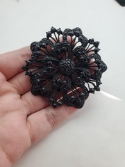 Vintage HUGE JET Black Japanned RHINESTONES Mourning BROOCH PIN FLOWER 2.5″