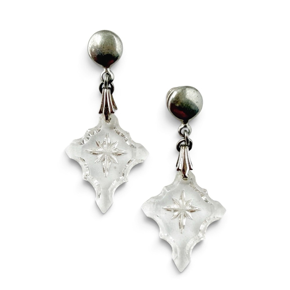 Vintage Cut Crystal Clear Glass Etched Starburst Dainty Dangle Earrings