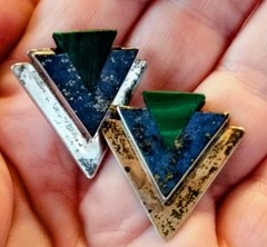 Vintage Sterling Silver Taxaco Mexico Brutalist Malachite Lapis Lazuli Earrings