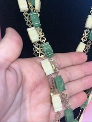 Faux Jade and Faux Ivory Look beaded necklace vintage 48” Statement Piece EUC