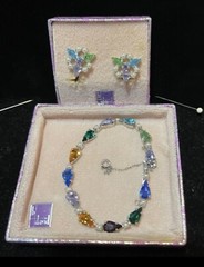 Vintage Signed B. David Rhodium Multi-Color Rhinestone Bracelet Earrings Ori Box