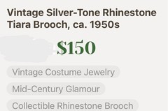 Vintage 1950s Silver-Tone Clear Rhinestone Tiara Brooch Pin Baguette