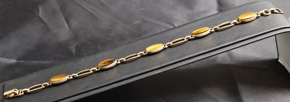Vintage WRE 1/20 12K GF Tiger Eye Bracelet 1950s Gold Filled 7” Bezel Set Stones