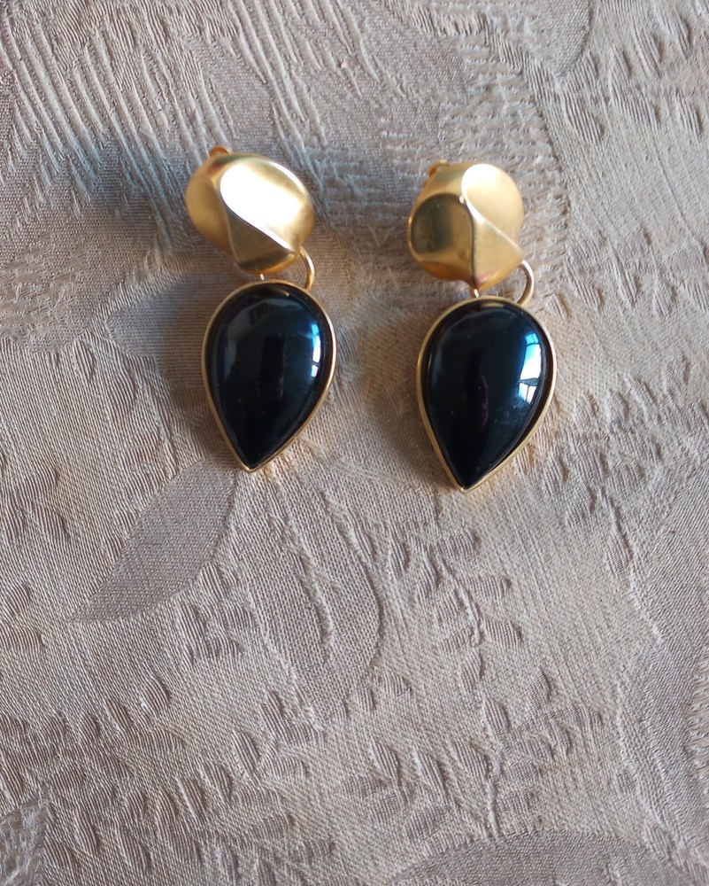 Vintage Signed Black Onyx Etsy Goldtone Pear Shape Clip On Dangle Earrings