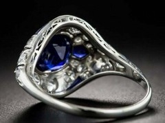 Art Deco Vintage Blue Sapphire & Lab Created Diamond 14K White Gold Plated Ring
