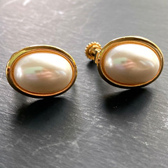 Vintage Napier Earrings Faux Pearl Oval Screw Back Hinged Clip Gold Tone Signed