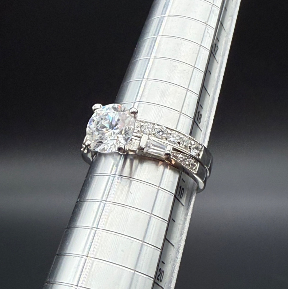 Vintage Silver Tone CZ Engagement Band Wedding Set Ornate Cocktail Ring Size 8.5