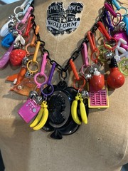 Vintage 80s Bell Clip Charms On Plastic Cameo Necklace Chain Black Nice Lot Rare