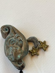 Handmade Green & Gold Polymer Clay Celestial Face & Star & Moon Charms Pendant –
