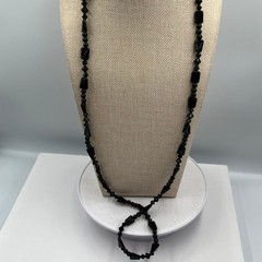 Vintage Double Strand Jet Black Beaded Statement Necklace Mixed Shapes Art Deco