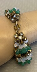 50s Vintage Signed Germany Wired Green Glass Bead Rhinestone Pearl Bracelet 7”
