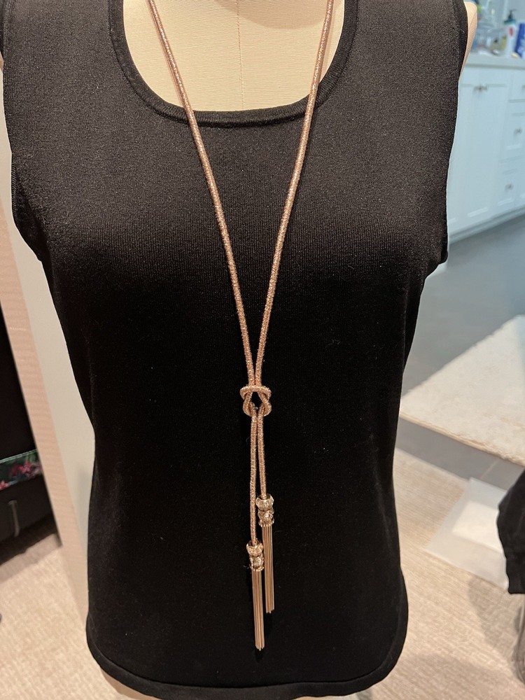 New/Tag 24” Y Necklace of Rose Gold Tone Metallic Corded with Fine Metal Tassel
