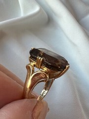 14K YELLOW GOLD LARGE SMOKY QUARTZ RING BEAUTIFUL RICH CHOCOLATE BROWN COLOR