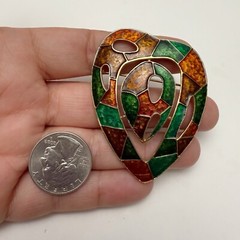 Vintage Retro Multicolor Enamel Stained Glass Style Sculptural Heart Brooch