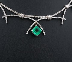 Vintage 2.5ct Columbian Emerald Diamond Bib Necklace 14k White Gold 16″ NG1976