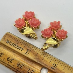 Vtg Victorian Revival Coral Lucite Rose Gold Plated Statement Earrings Clip-on