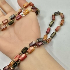Vintage 48” Acrylic Rectangular Beads Necklace – Gold Tone Chain – Autumn Hues