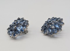 Blue Navette Rhinestone Bar Brooch And Clip On Earrings Open Back