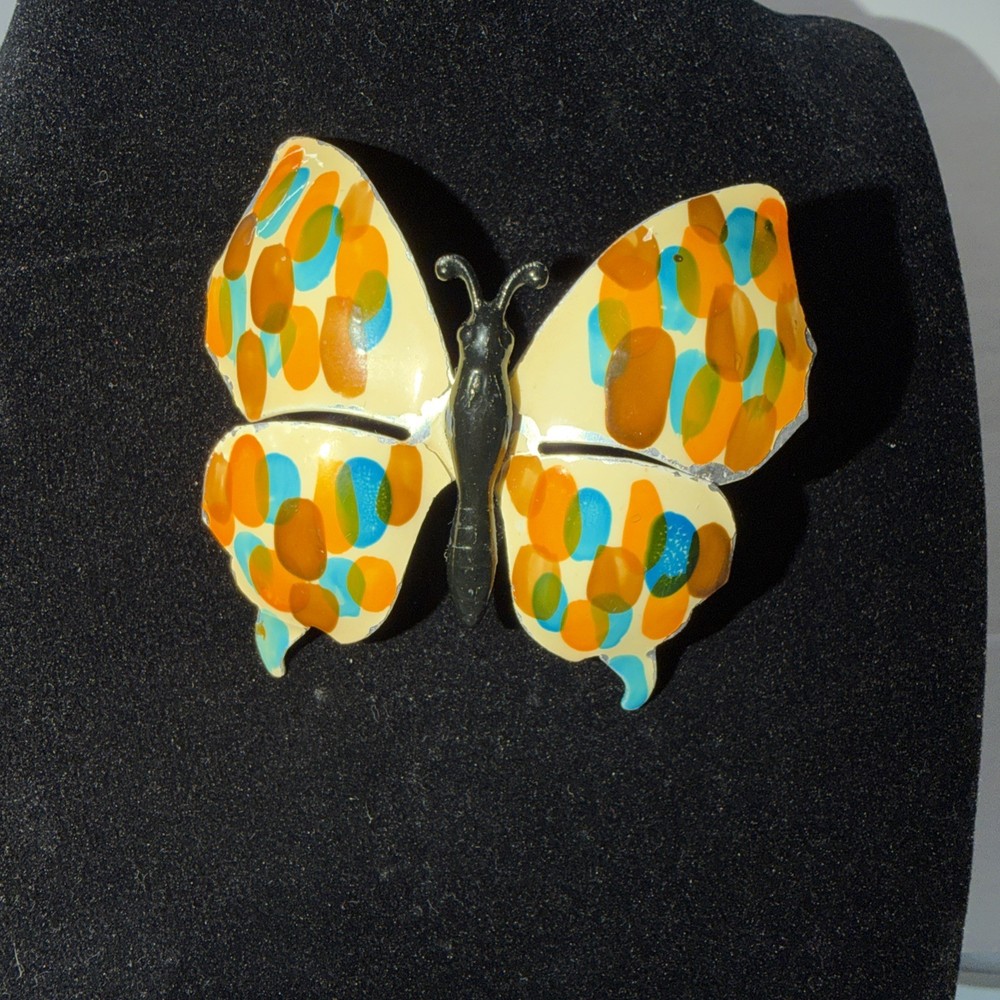 ANTIQUE VINTAGE ENAMELED METAL BUTTERFLY BROOCH MADE IN GERMANY