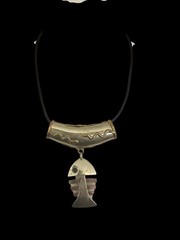 Vintage Fish Skeleton Pendant Slide Necklace Mixed Metal Mid Century On Silk