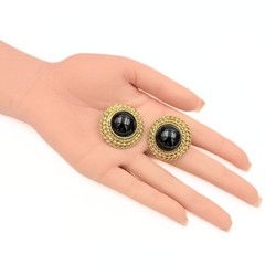 Vintage Black Glass Cabochon Rope Border Gold Plated Clip On Button Earrings