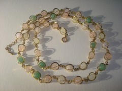 VINTAGE SEMI PRECIOUS GEMSTONE NECKLACE WIRE WRAP/CAGED PASTEL PINK,GREEN, 33″L