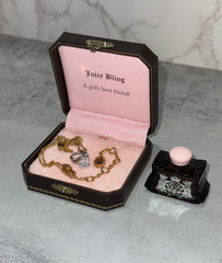 Vintage JUICY COUTURE Ring Pendant Necklace with Box & Splash Perfume from 2000s