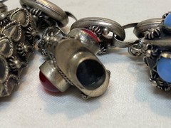 Italian Etruscan Revival 800 Silver Fob Charm Bracelet Semi Precious Stones