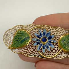 Vintage Brooch White Enamel Blue Flower Gold Tone Filigree 2 Inches
