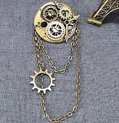 Steampunk Gear Vintage-Style Brooch with Gold Chains Unisex Bronze NEW