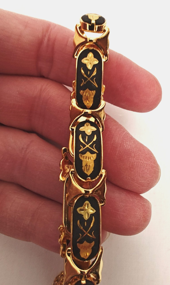 Vintage Spanish Style Damascene Black & Gold Tone Link Bracelet w/ Safety Chain