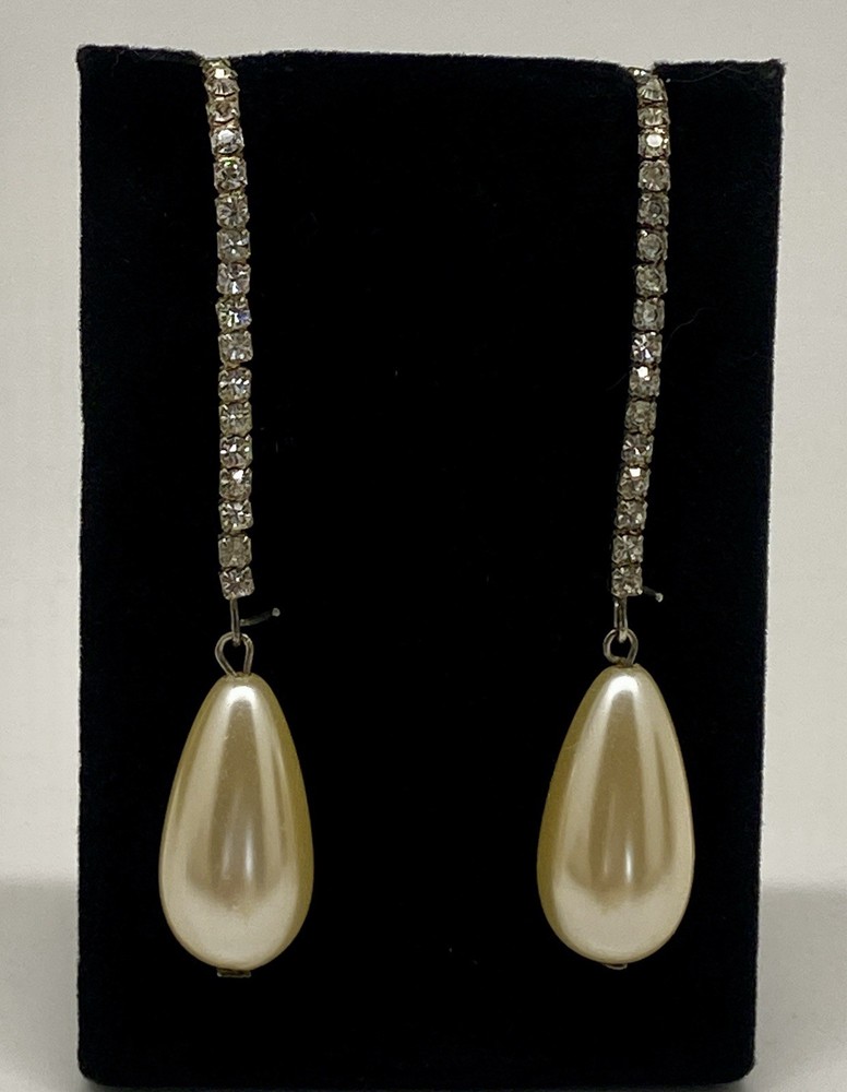 Vintage Rhinestone & Faux Pearl Teardrop Dangle Earrings