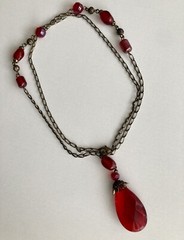 Vintage Red Teardrop Pendant 30in Bead Station Chain 30in Necklace 34g Ladies