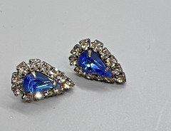 Vintage Teardrop Rhinestone Earrings Blue & Clear Crystal Accent Post Pierced El