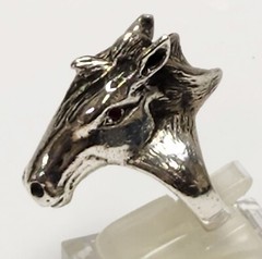 Large Vintage Sterling Silver HORSE HEAD Ring Ruby Eyes Small Size 3 3/4 ~ 30 g