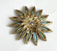 Vintage Signed CAPRI Turquoise Blue Flower Brooch Orange Enamel Gold Tone Pin