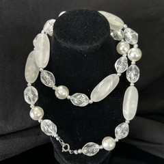 Vintage Baroque Strung Pearl Beaded Necklace with Elongated Clear Acrylic 22”