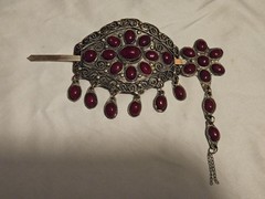 Vintage Central Asian Ethnic Hair Stick Pin Brooch Handcrafted Metal Red Glass