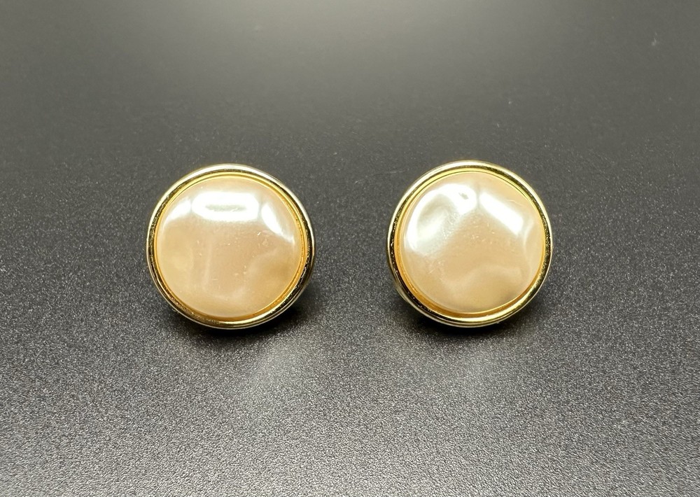 Vintage Monet White Faux Pearl Gold Tone Bezel Stud Button Clip On Earrings 3/4″