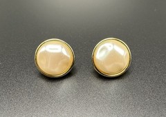 Vintage Monet White Faux Pearl Gold Tone Bezel Stud Button Clip On Earrings 3/4″