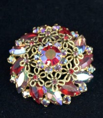 Juliana 1950s Red Rhinestone Marquise Cut Brooch with Faux Iridescent Stones