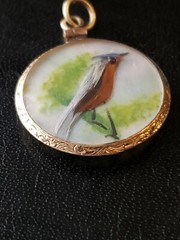 Victorian Era Double Sided Bird Feather on MOP Scene Pendant Gold Filled Frame