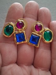 1980s bold runway earrings, glass cabochon trio, geometric, asymmetrical