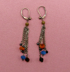 Vintage Sterling Silver Earrings Pink Blue Brown Gemstones 2.5 in Tassels 83f