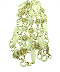 Vintage Gold and White Hong Kong Plastic Flower Link Chain Long Necklace 15mm*36