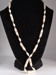 Milk Glass/Porcelain Pink Floral Necklace Tube Beads Gold Tone Vintage 24″