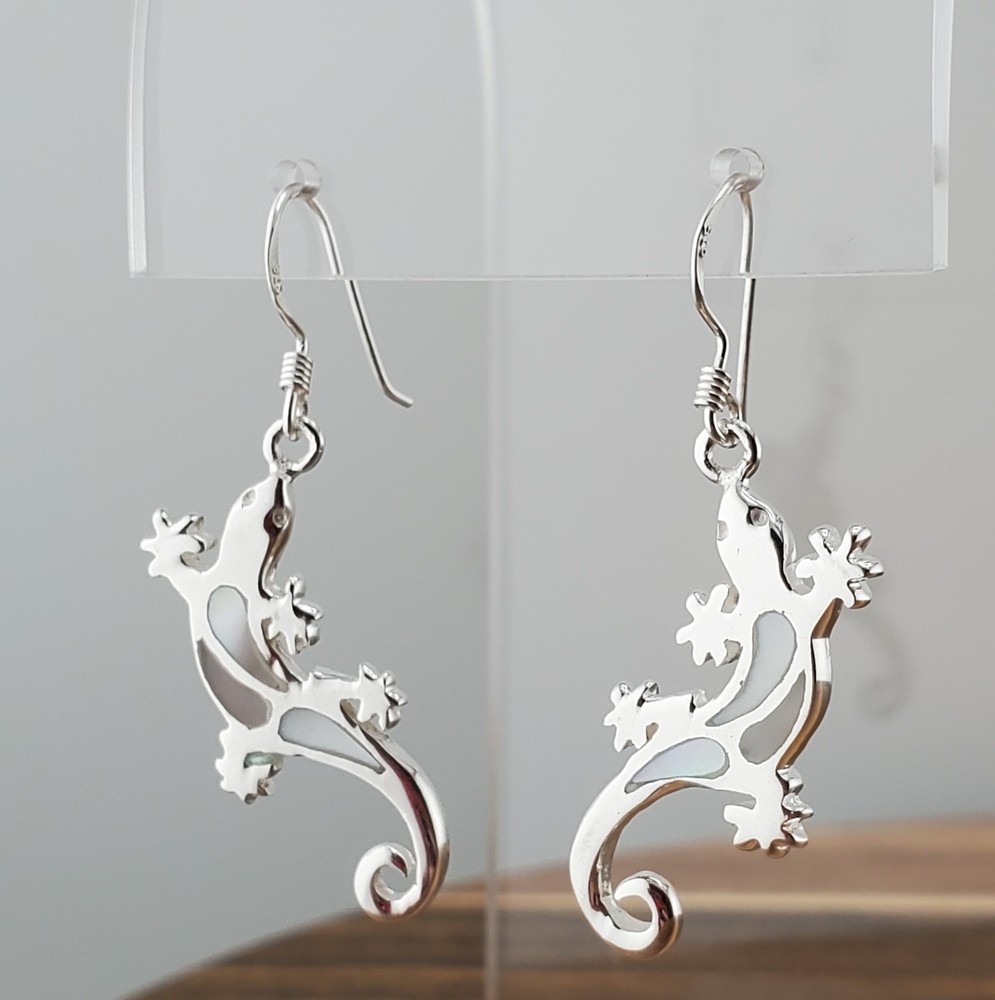 VTG 925 Gecko Lizard Earrings 1.5in Drop Sterling Silver 3gtw White MOP Inlay