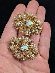 Vintage Gold Tone Filigree Clip On Earrings Faux Seed Pearl Aurora Borealis Oval